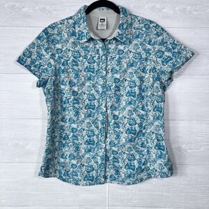 REI Women's  Sahara Short Sleeve Aqua/Cream Floral Vented Button Up Shirt Size M